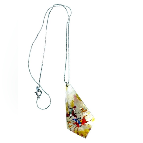 Antique Persian Hand Painted Mother Of Pearl Shell Pendant Nomadic Hunting Scene - Picture 1 of 5